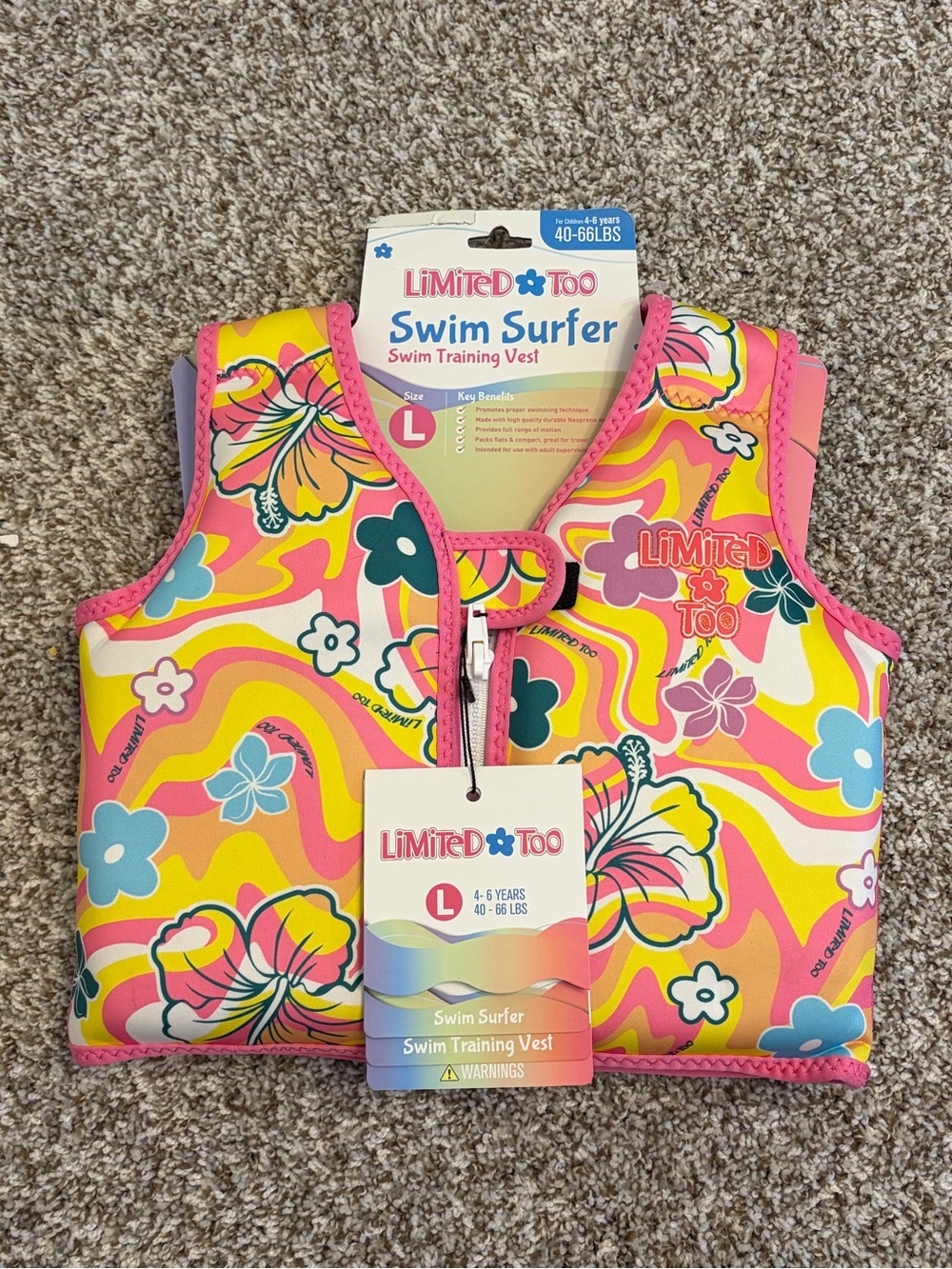 New With Tags Limited Too Lifejacket Size Large- 4 to 6 yrs old, 40-66 pounds